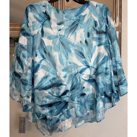 Alex Evenings Size 3X Blouse 3/4 Sleeve Layers Asymmetrical Aqua Floral NEW - Picture 7 of 10